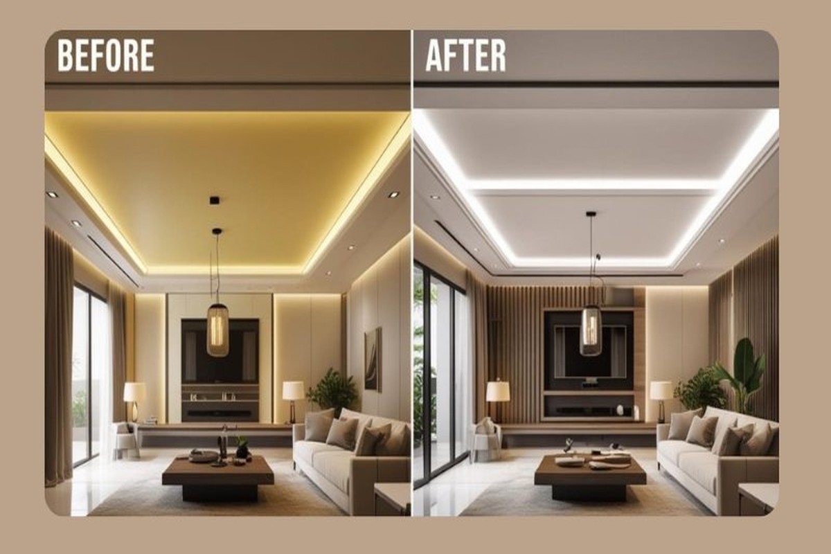 Interior remodeling transformation - living room with modern ceiling and paint