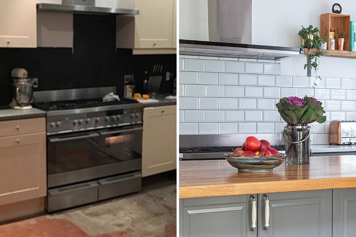 Interior remodeling transformation - kitchen with new tiling and flooring
